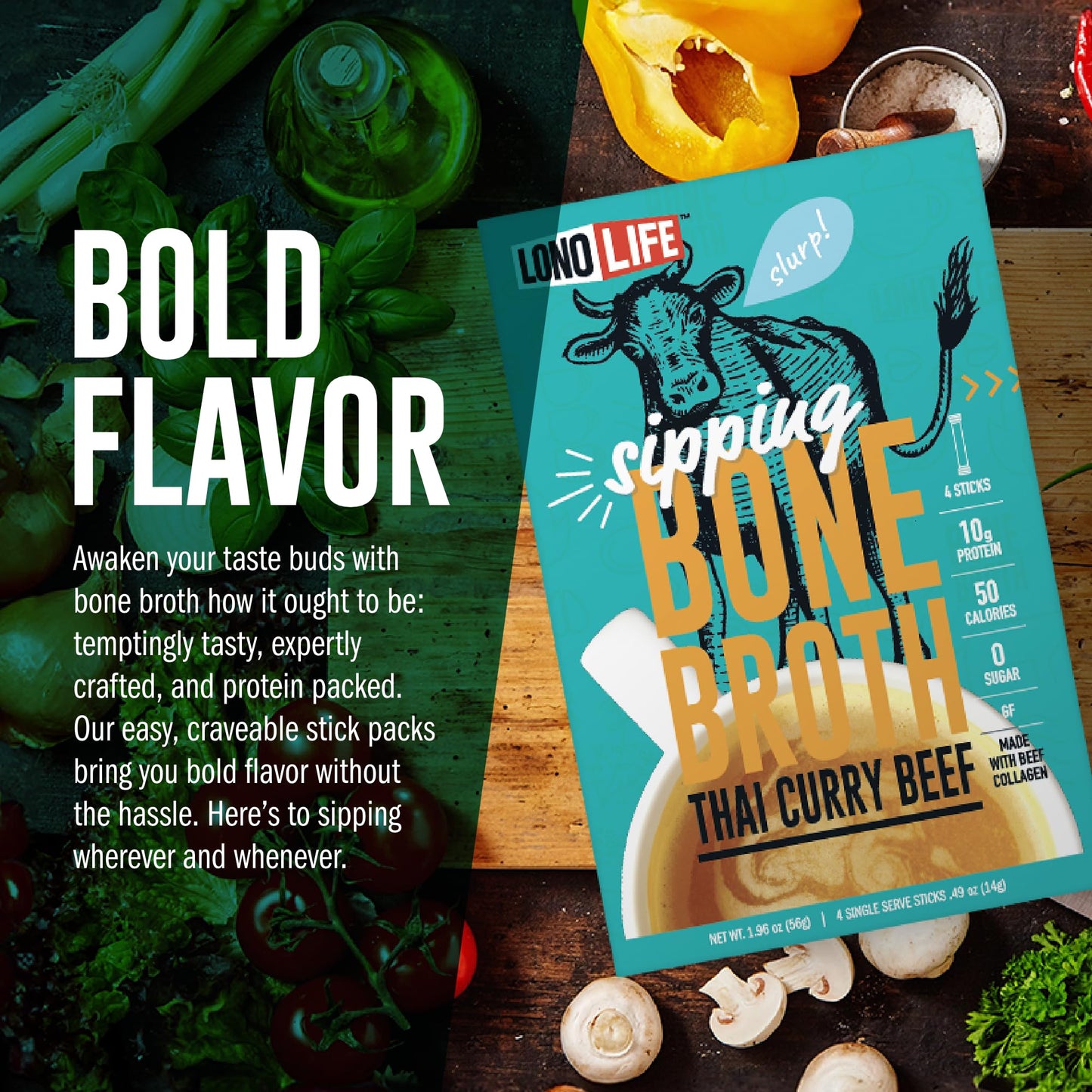 LonoLife Thai Curry Beef Bone Broth Powder Mix | Grass-Fed, 10g Protein | Collagen-Rich, Keto & Paleo Friendly | Natural Ingredients | 4 Portable Stick Pack Servings