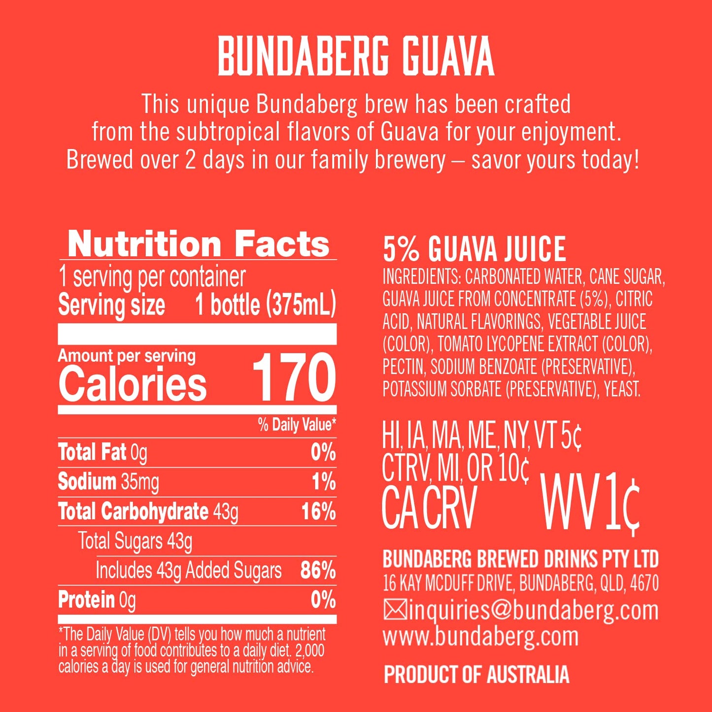 Bundaberg Sparkling Fruit Drink, Guava, 12.7 fl oz, 4 Count (Pack of 2)