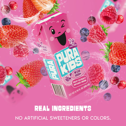 PURA Kids Box | Mixed Berry Fruit Extract Infused Drink for kids | 7g Of Pure Cane Sugar | Non-GMO | Vegan, No Artificial Sweeteners | Best Lunchbox Beverage with Paper Straw | 6.76 fl oz (200ml), Pack of 6