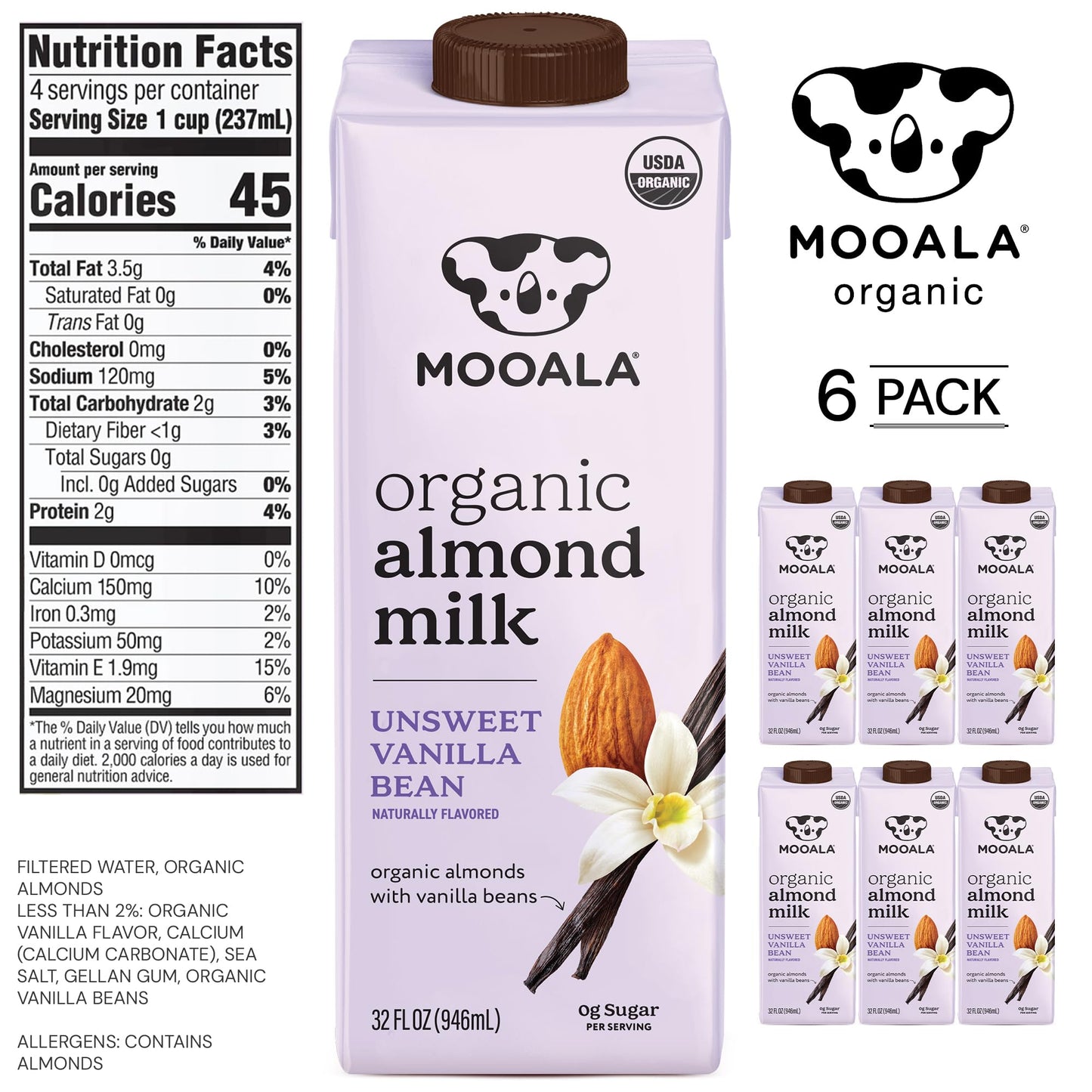 Mooala Organic Vanilla Bean Almond Milk Unsweetened 32 fl oz (Pack of 6) – Shelf-Stable, Lactose Free, Gluten-Free, Vegan, No Added Sugar, Plant-Based Beverage