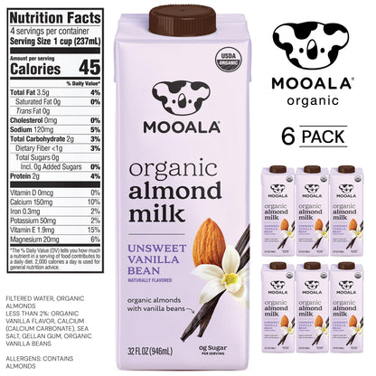 Mooala Organic Vanilla Bean Almond Milk Unsweetened 32 fl oz (Pack of 6) – Shelf-Stable, Lactose Free, Gluten-Free, Vegan, No Added Sugar, Plant-Based Beverage
