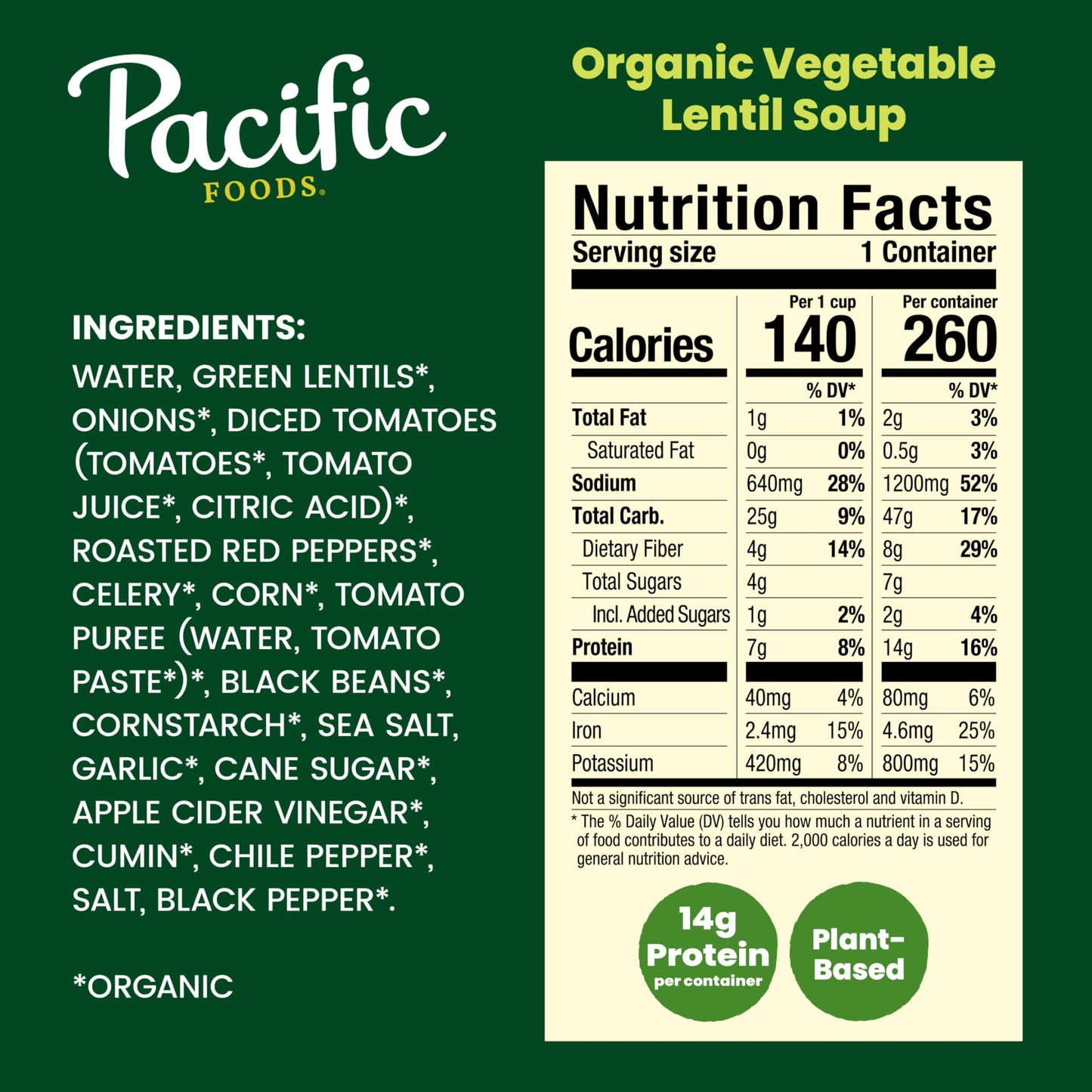 Pacific Foods Organic Vegetable Lentil Soup, Plant Based, 16.3 oz Can