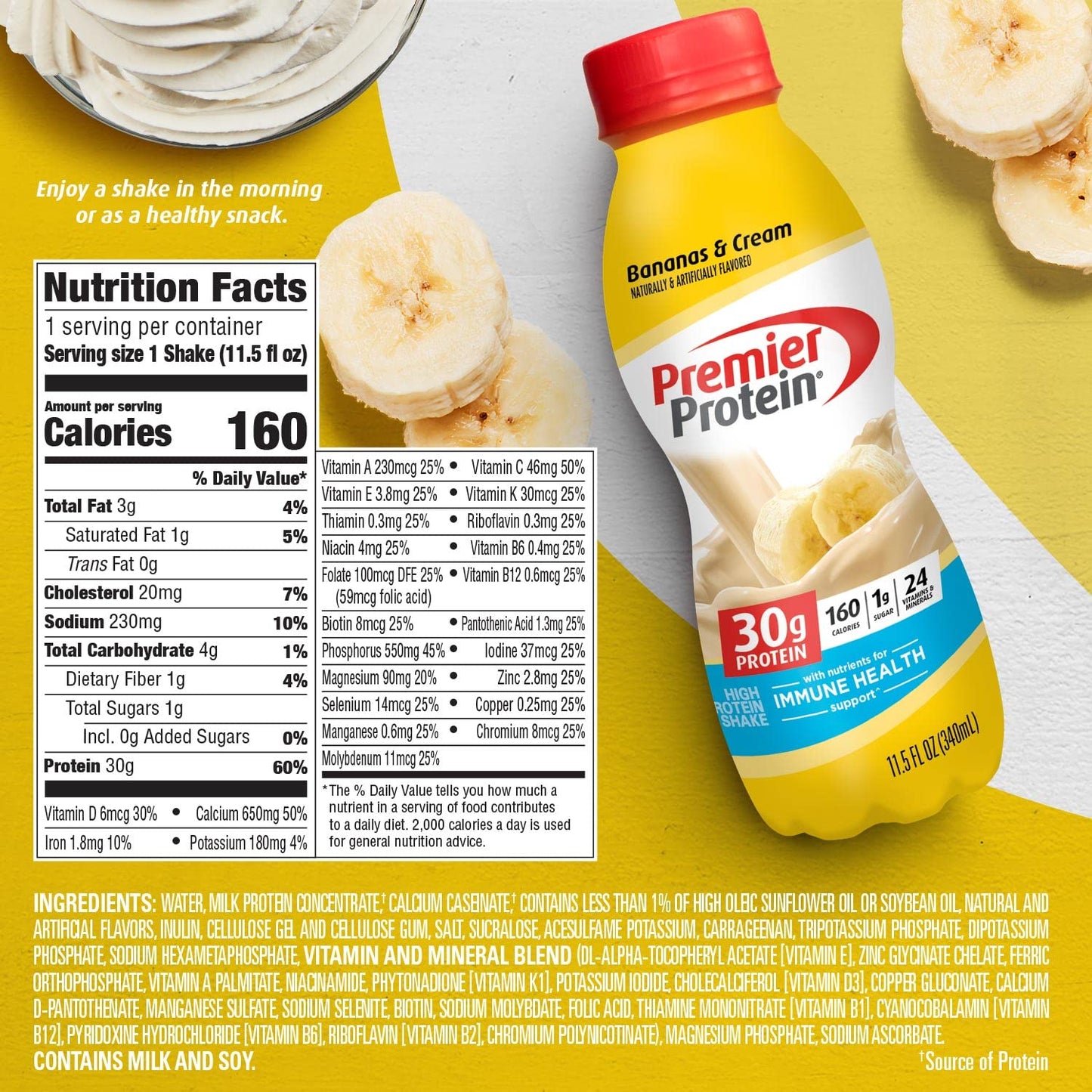 Premier Protein Shake, Bananas & Cream, 30g Protein, No Added Sugar, 24 Vitamins & Minerals to Support Immune Health, 11.5 fl oz, 1 Pack (Packaging May Vary)
