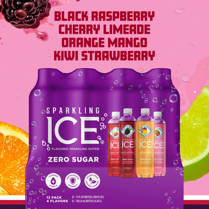 Sparkling Ice Purple Variety Pack, Flavored Water, Zero Sugar, with Vitamins and Antioxidants, 17 fl oz, 12 count (Black Raspberry, Cherry Limeade, Orange Mango, Kiwi Strawberry) (Pack of 2)