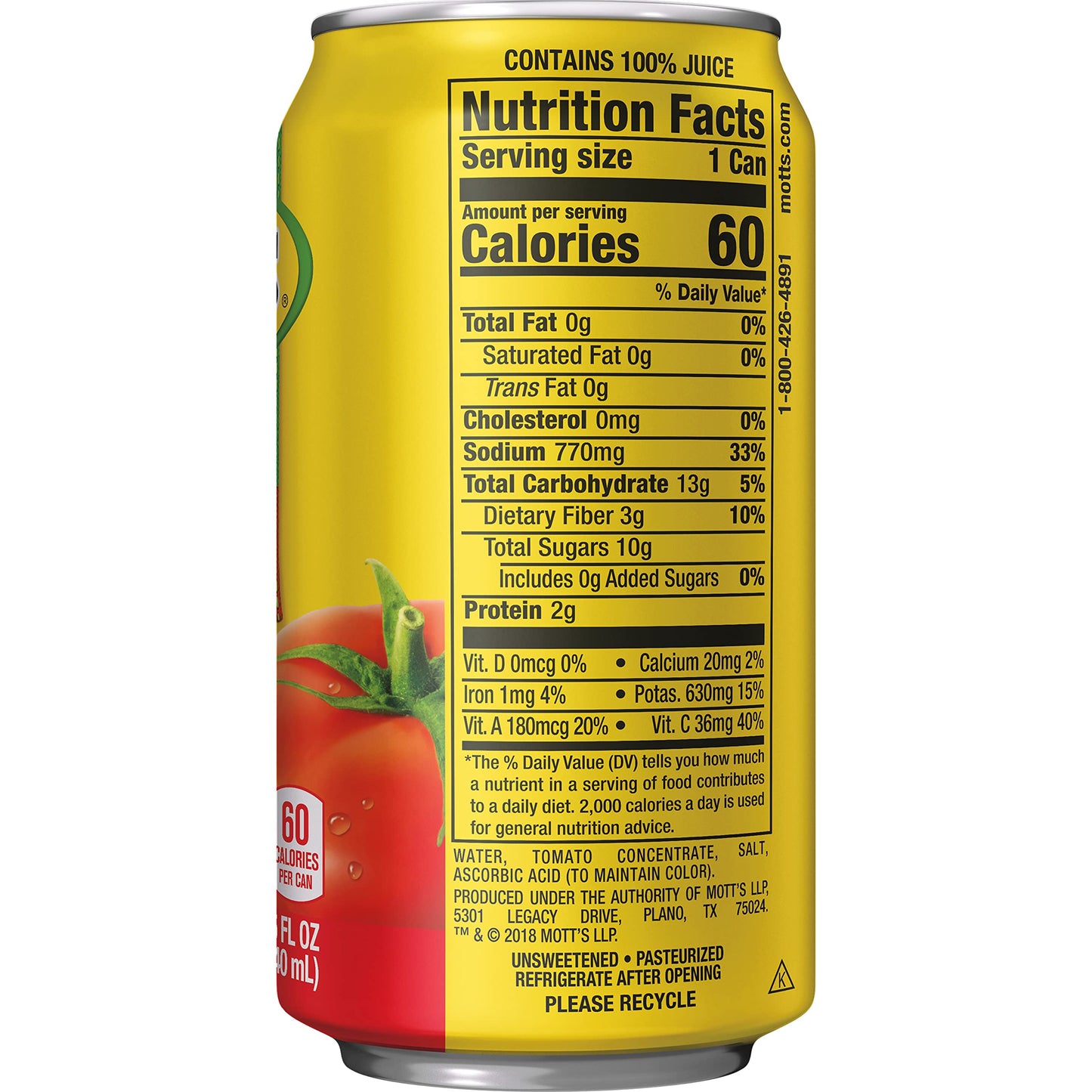 Mott's 100% Tomato Juice, 11.5 Fluid Ounce Can, 24 Count