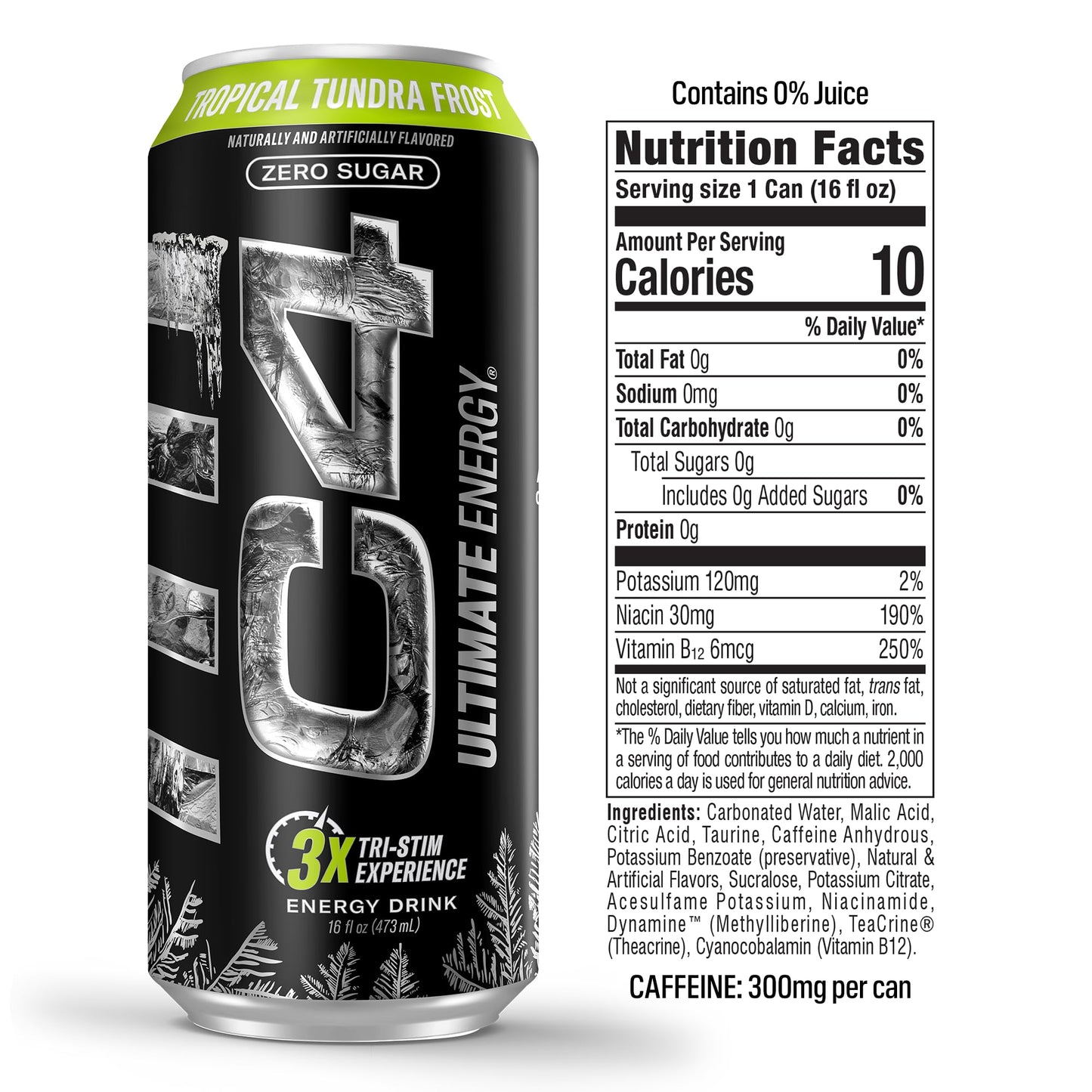 C4 Ultimate Frost Zero Sugar Energy Drink, Tri-Stim Experience with 300mg Caffeine + TeaCrine + Dynamine, Tropical Tundra Frost, 16oz (Pack of 12)