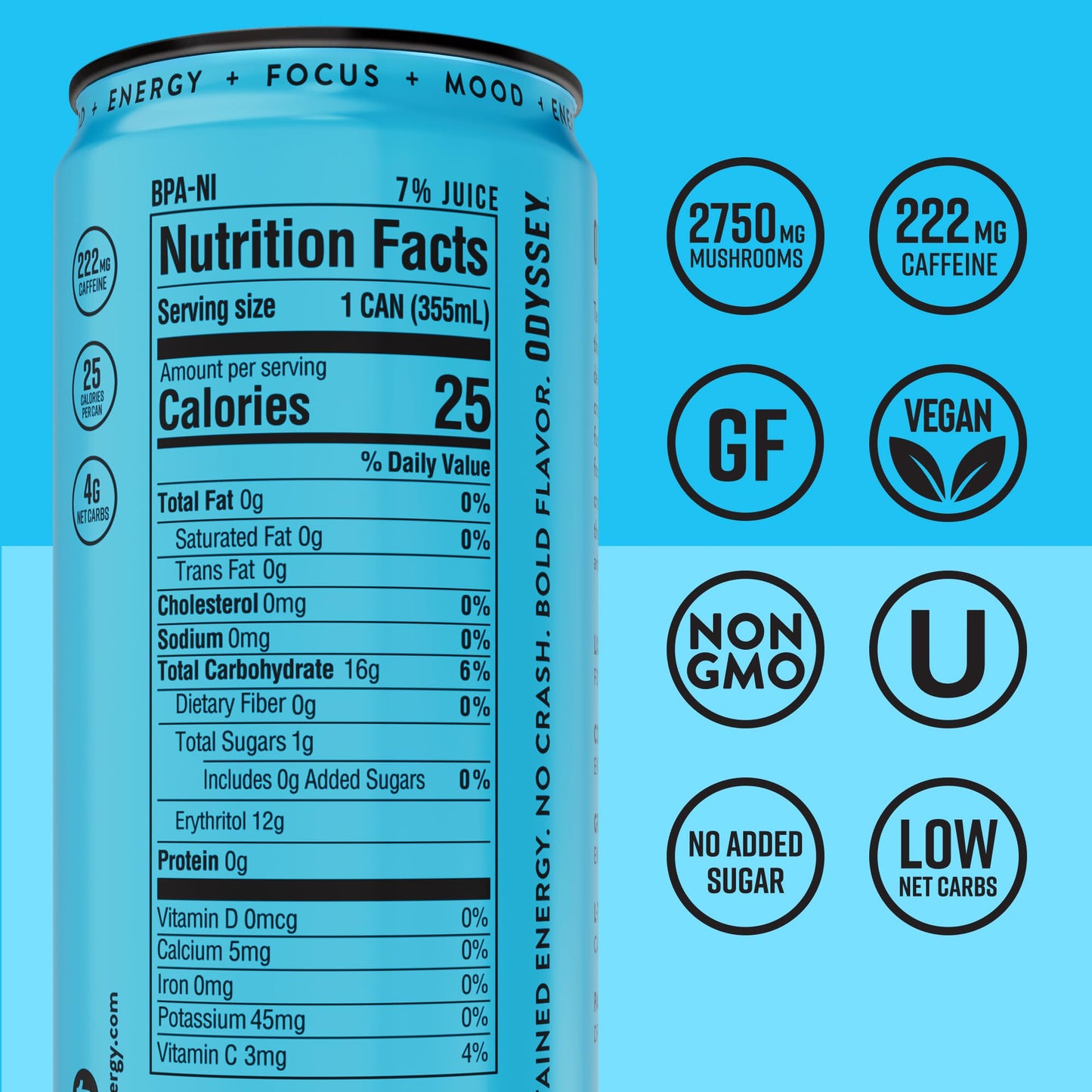Odyssey Functional Energy Drink for Focus, Cognition & Mood Support 12 Pack - Adaptopgenic Drink with 222mg Green Tea Caffeine, Lion’s Mane, Cordyceps, L-Theanine & Ginseng - Sparkling Blue Raspberry