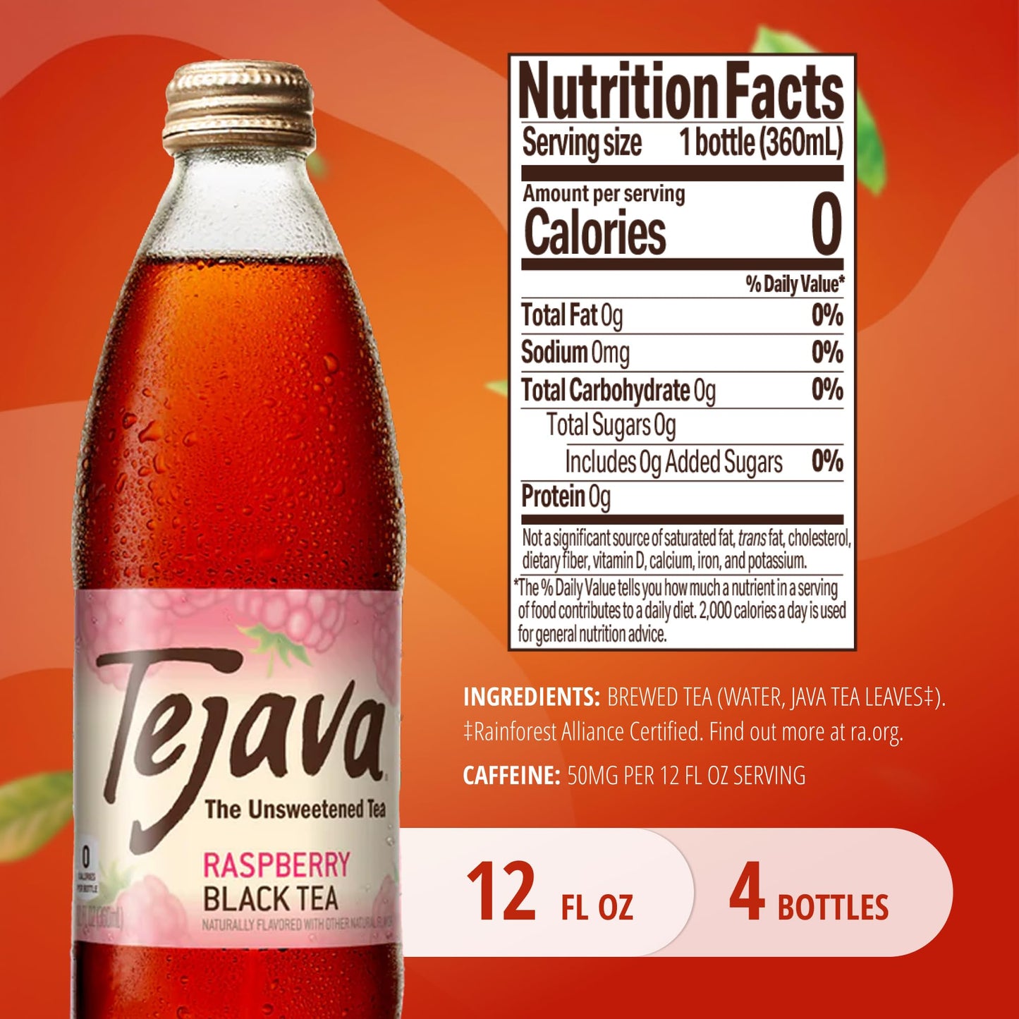 Tejava Raspberry Black Iced Tea, 4 Pack, 12oz Glass Bottles, Unsweetened, Non-GMO, Kosher, No Sugar or Sweeteners, No calories, No Preservatives, Brewed in Small Batches