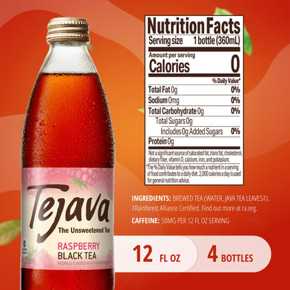 Tejava Raspberry Black Iced Tea, 4 Pack, 12oz Glass Bottles, Unsweetened, Non-GMO, Kosher, No Sugar or Sweeteners, No calories, No Preservatives, Brewed in Small Batches