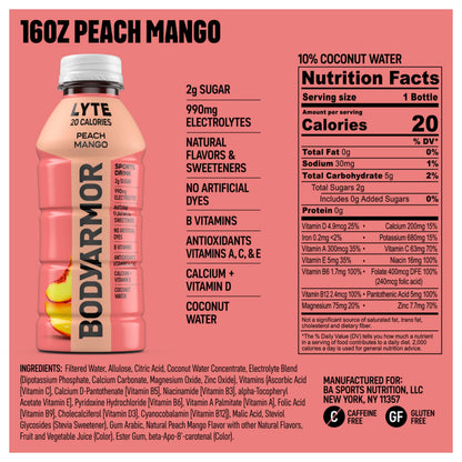 BODYARMOR LYTE Sports Drink Low-Calorie Sports Beverage, Peach Mango, Coconut Water Hydration, Natural Flavors With Vitamins, Potassium-Packed Electrolytes, Perfect For Athletes, 16 Fl Oz (Pack of 12)