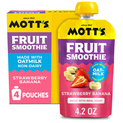 Mott’s Fruit Smoothies Strawberry Banana, 4.2 oz clear pouches, 4 Pack, Non-dairy, Made With Oatmilk, Made With Real Fruit, Good Source of Calcium, On-the-Go
