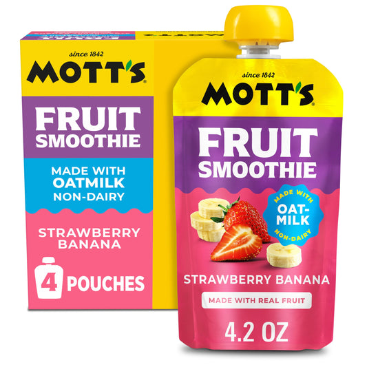 Mott’s Fruit Smoothies Strawberry Banana, 4.2 oz clear pouches, 4 Pack, Non-dairy, Made With Oatmilk, Made With Real Fruit, Good Source of Calcium, On-the-Go