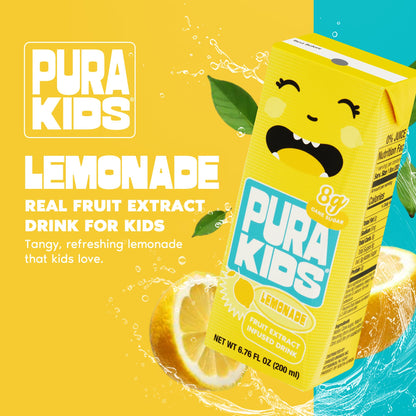 PURA Kids Box | Lemonade Fruit extract infused Drink for kids | 8g Pure Cane Sugar | Non-GMO | Vegan, No Artificial Sweeteners | Best Lunchbox Beverage with Paper Straw | 6.76 fl oz (200ml), Pack of 6