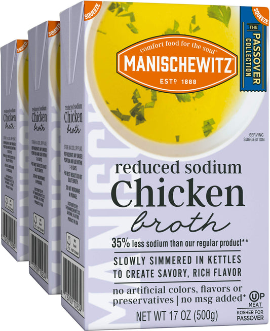 Manischewitz Reduced Sodium Chicken Broth 17oz (3 Pack), Flavorful, Kettle Cooked, Slowly Simmered, Kosher for Passover