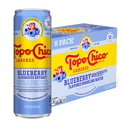 Topo Chico Sabores Blueberry with Hibiscus Extract Flavored Sparkling Water, 12 fl oz Portable Cans, 8 Pack