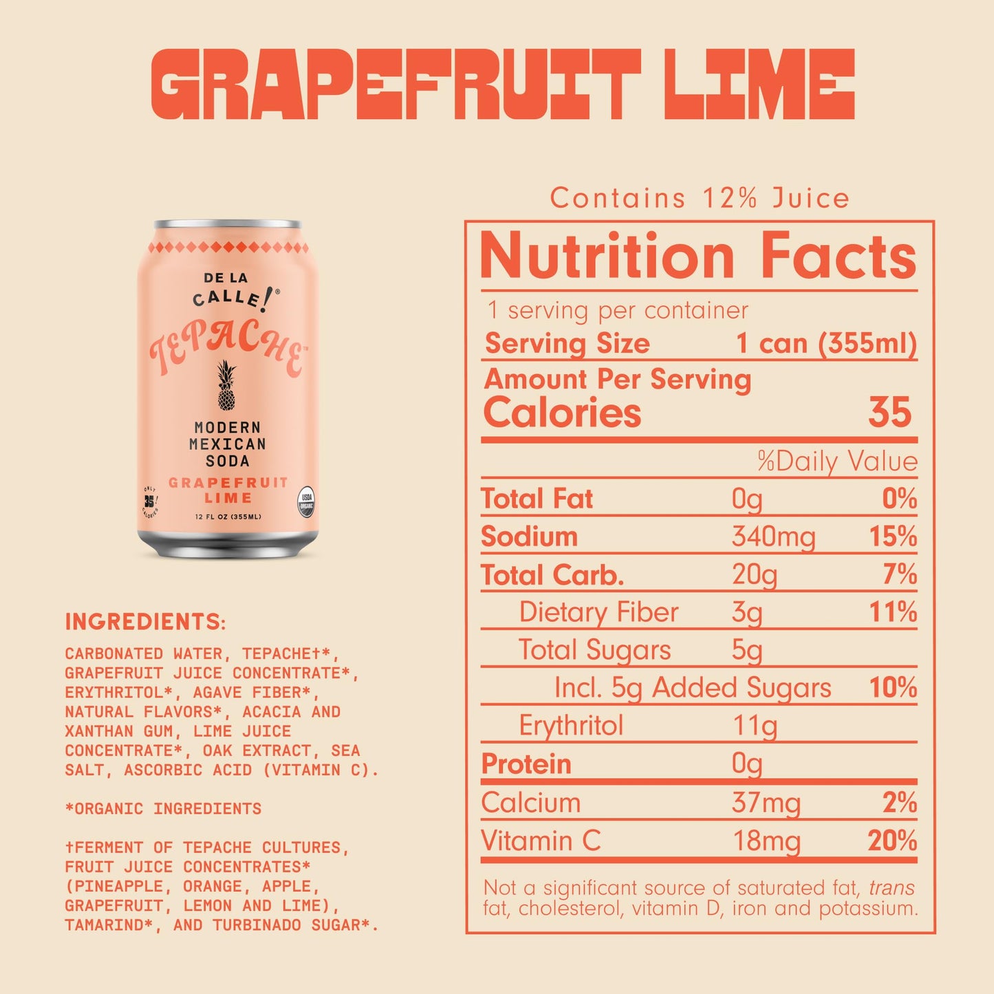 De La Calle, Tepache Grapefruit Lime Paloma Organic, 12 Fl Oz