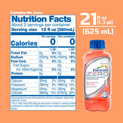 Electrolit Zero, Electrolyte Beverage, Strawberry-Banana, 21 Fl Oz bottle (Pack of 12)