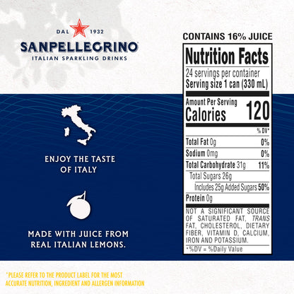 Sanpellegrino Italian Sparkling Drink Limonata, Sparkling Lemon Beverage, 24 Pack Of Cans