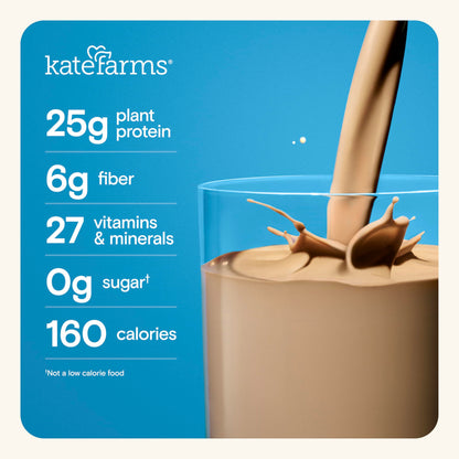 KATE FARMS Organic High Protein Chocolate Nutrition Shake, 25g Protein, 6g Fiber, 27 Vitamins and Minerals, 0g Sugar, Protein Drink, 11 oz Bottle