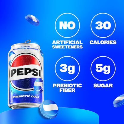 Pepsi Prebiotic Cola, 12 fl oz Can, 30 Calories, 5g Prebiotic Fiber, 5g Sugar, Soda Pop