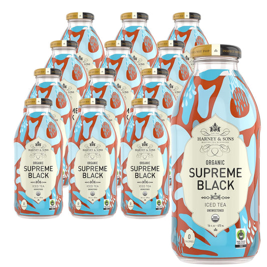 Harney & Sons Organic Supreme Black Unsweetened Iced Tea, 16 oz Glass Bottles (Pack of 12)