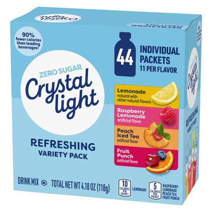 Crystal Light Refreshing Drink Mix Variety Pack, 44 Packets, for Convenient Hydration, Lemonade, Raspberry Lemonade, Peach Iced Tea, Fruit Punch, Natural and Artificial Flavor, Zero Sugar, 4.18 oz