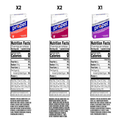 Propel Electrolyte Enhanced Water Drink Mix Powder Packets, 3 Flavor Variety Pack, Zero Calorie & Zero Sugar Hydration with Electrolytes and Vitamins C & E (50 Packets)