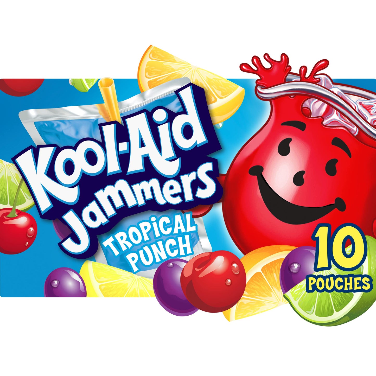 Kool-Aid Jammers Artificially Flavored Drink, 10 Pouches, for School Lunches and On-the-Go Hydration, Tropical Punch Artificially Flavored, Excellent Source of Vitamin C, 6 fl oz