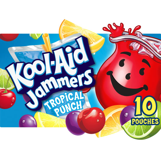 Kool-Aid Jammers Artificially Flavored Drink, 10 Pouches, for School Lunches and On-the-Go Hydration, Tropical Punch Artificially Flavored, Excellent Source of Vitamin C, 6 fl oz