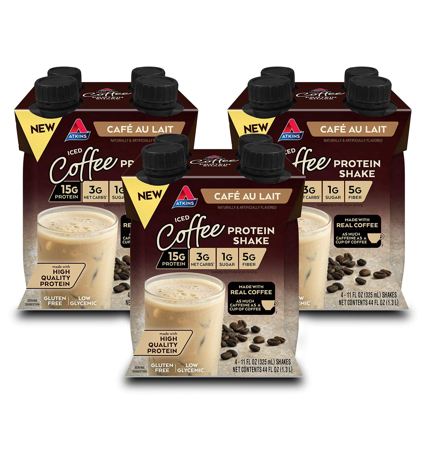 Atkins Protein Shake Bundle: Chocolate Banana, 15g Protein, 12 Count + Café au Lait Iced Coffee, 15g Protein, 4 Count (Pack of 3)