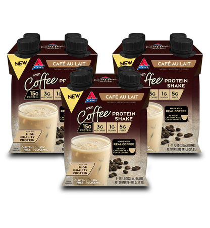 Atkins Protein Shake Bundle: Chocolate Banana, 15g Protein, 12 Count + Café au Lait Iced Coffee, 15g Protein, 4 Count (Pack of 3)