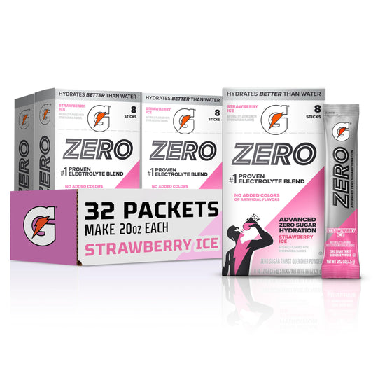 Gatorade Zero Sugar Electrolyte Powder Drink Mix, Strawberry Ice, (32 Servings), No Artificial Flavors, No Added Colors, Zero Sugar, Sports Drinks, Hydration, Electrolyte Drink