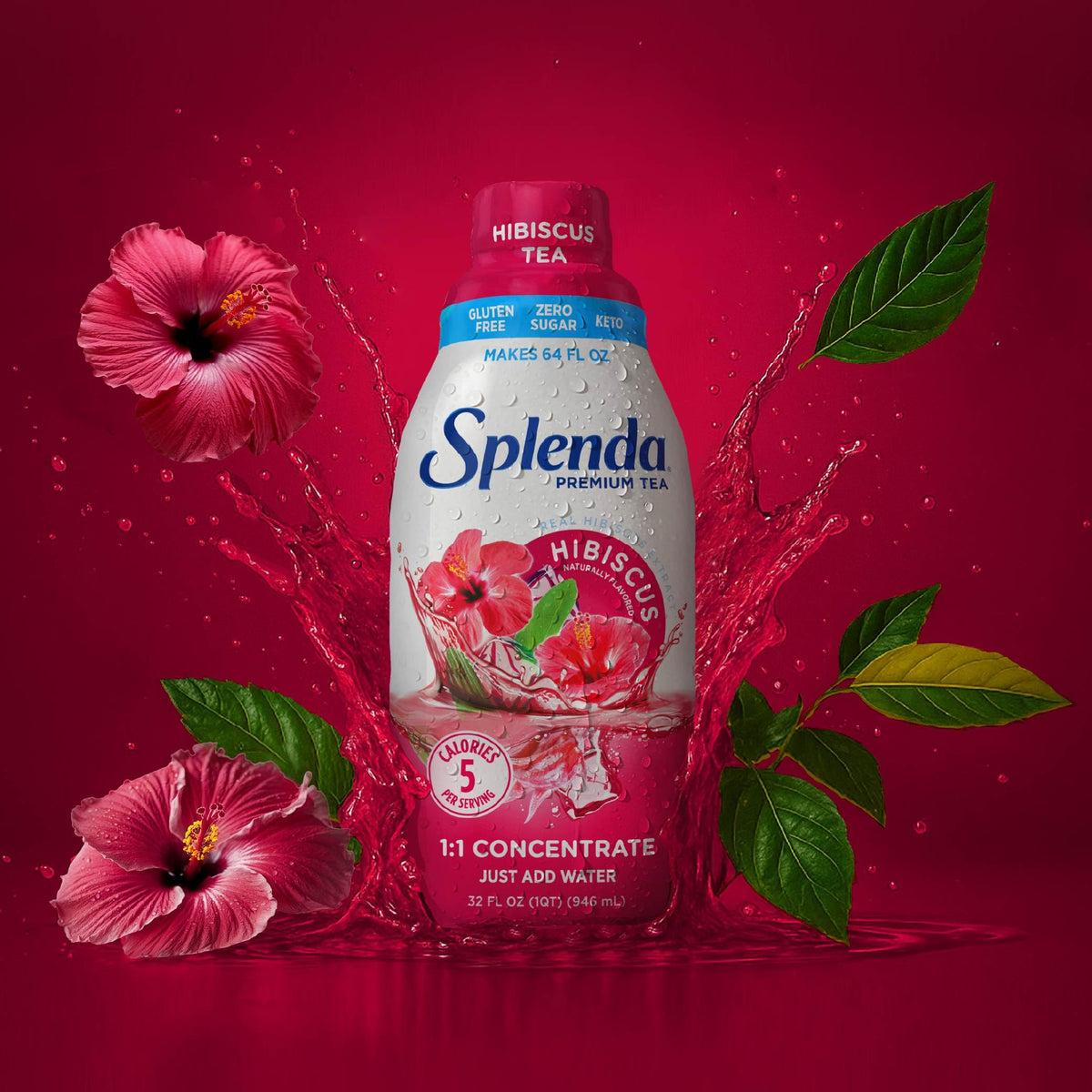 SPLENDA Premium Hibiscus Tea 1:1 Concentrate, Zero Sugar, Gluten Free, Real Brewed Tea, 32 Fl Oz
