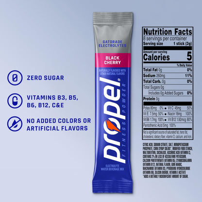 Propel Electrolyte Powder Drink Mix, Black Cherry, (32 Servings), Zero Sugar, Enhanced Water Beverage, Gatorade Electrolytes, Vitamins, No Added Colors, No Artificial Flavors, Hydration
