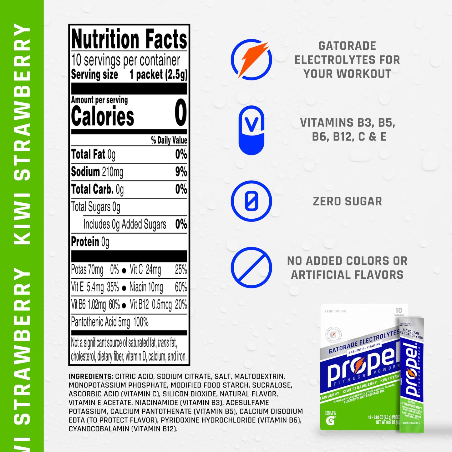 Propel Electrolyte Enhanced Water Drink Mix Powder Packets, Kiwi Strawberry, Zero Calorie & Zero Sugar Hydration with Electrolytes and Vitamins C & E (10 Packets)