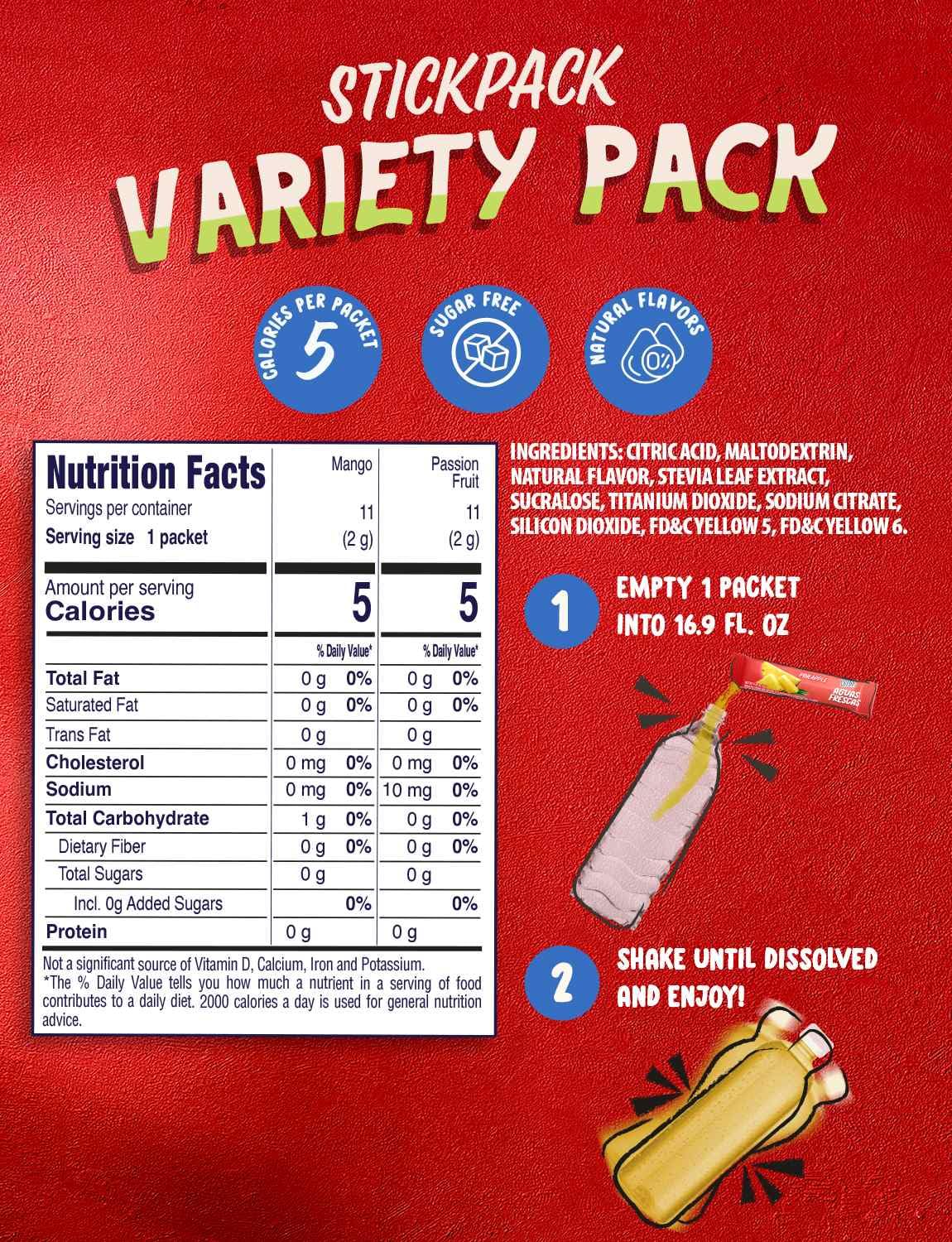 Klass Aguas Frescas, Powdered Drink Mix Variety Pack, 44 Singles Zero Sugar & Caffeine-Free Powder Packets, Water Drink Mix, Flavors: Mango, Watermelon, Pineapple & Passionfruit - 5 Calories Per Packet & Natural Flavors