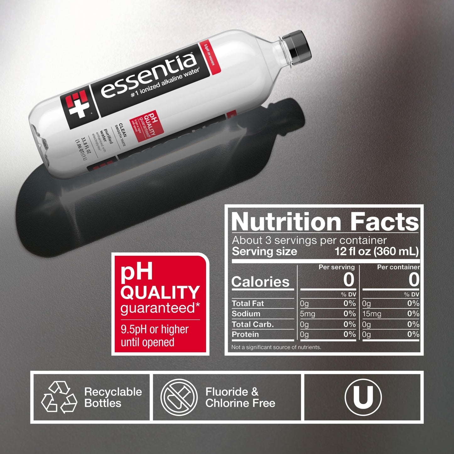 Essentia Bottled Water, 1 Liter, Pack of 6 Bottles; 99.9% Pure, Infused with Electrolytes for a Smooth Taste, pH 9.5 or Higher; Ionized Alkaline Water