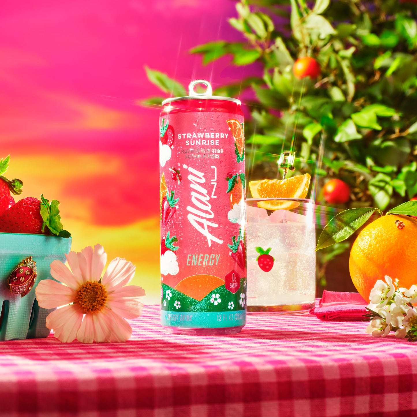Alani Nu STRAWBERRY SUNRISE Sugar Free, Low Calorie Energy Drinks, 200mg Caffeine, Biotin B Vitamins, Zero Sugar, 10 Calories, 12 Fl Oz Cans, 12 Pack