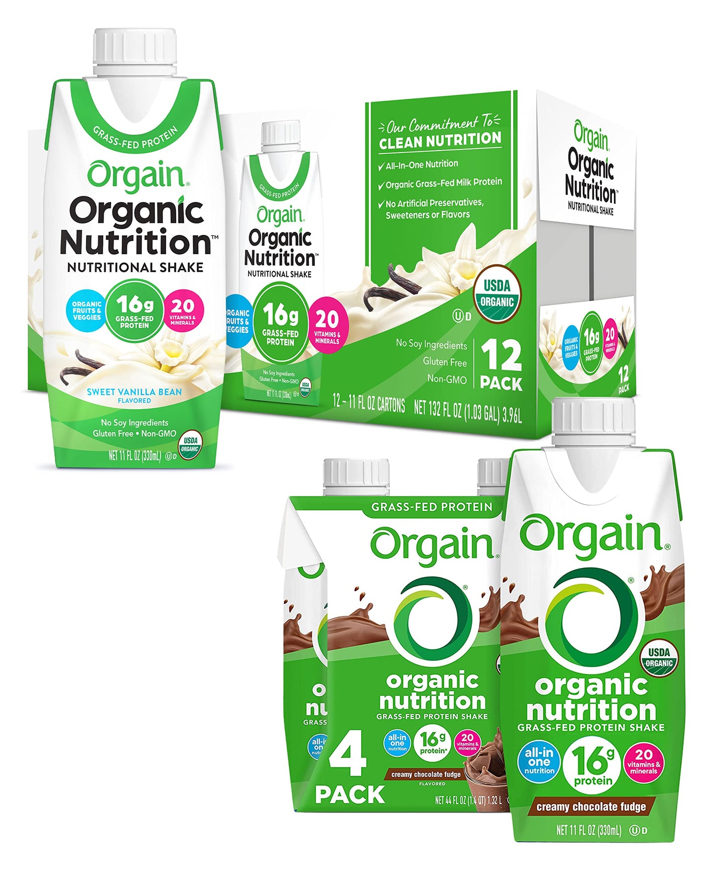 Orgain Organic Nutritional Shake, Vanilla Bean + Creamy Chocolate Fudge, Packaging May Vary, 11 Fl Oz (Pack of 4)