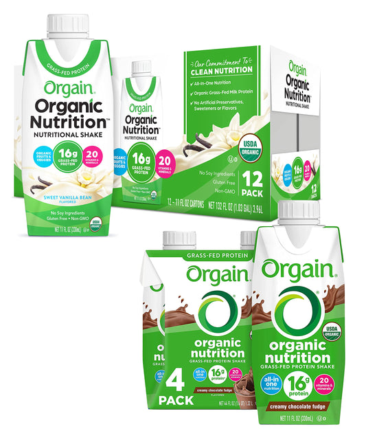 Orgain Organic Nutritional Shake, Vanilla Bean + Creamy Chocolate Fudge, Packaging May Vary, 11 Fl Oz (Pack of 4)