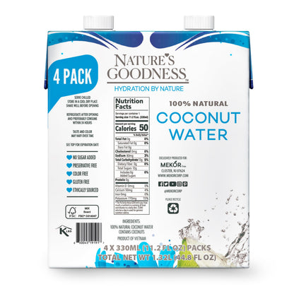 Nature's Goodness Coconut Water No Sugar Added - Unsweetened, Fat Free, Plant-Based Electrolyte Drink - 4 Pack 44.8 Fl Oz Total (4 x 330 ml) - Hydration Support for Fitness & Smoothies - Made Not From Concentrate