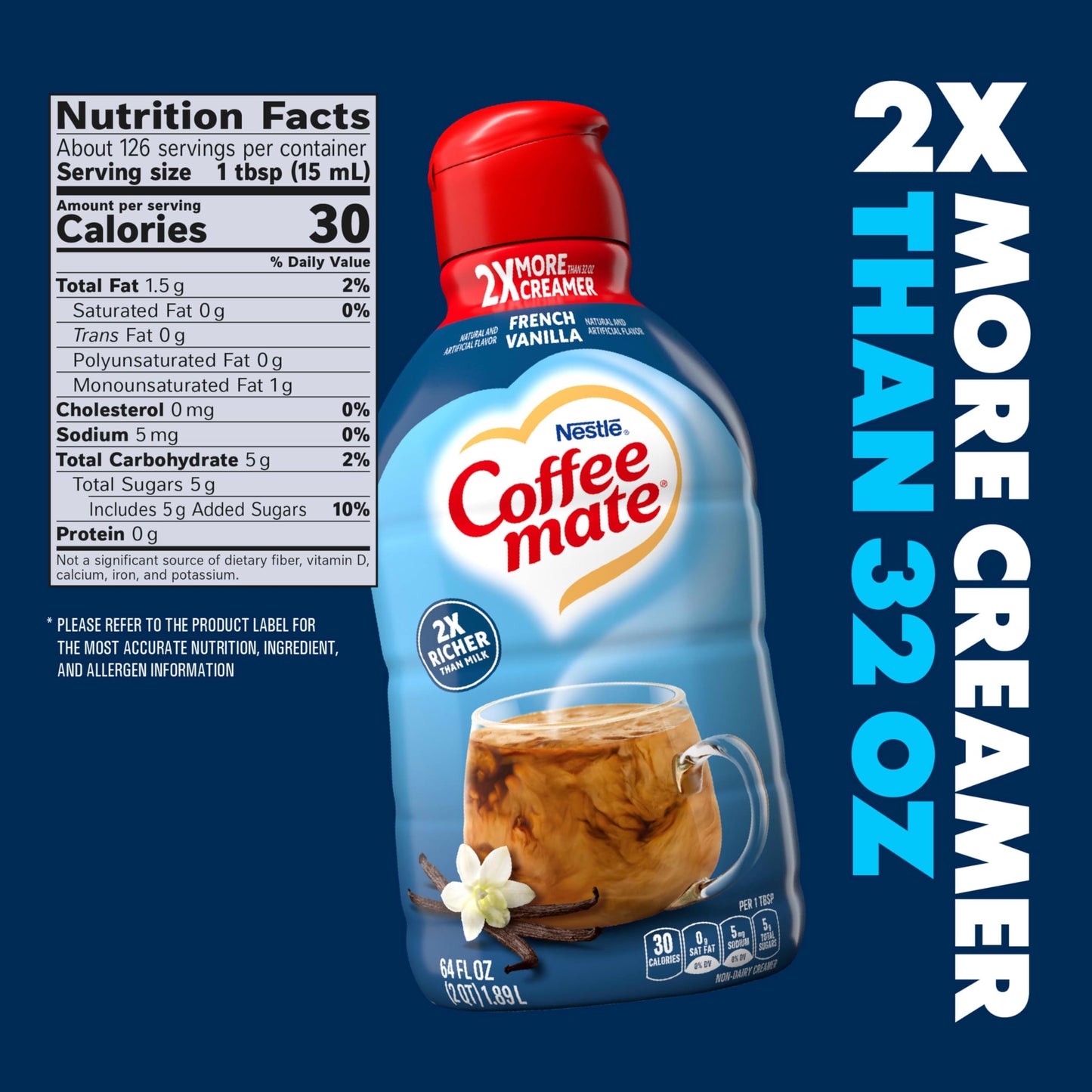 Coffee mate French Vanilla Flavored Coffee Creamer, Non-Dairy, Gluten-Free, Liquid Creamer for Coffee, Cholesterol Free, 126 Servings