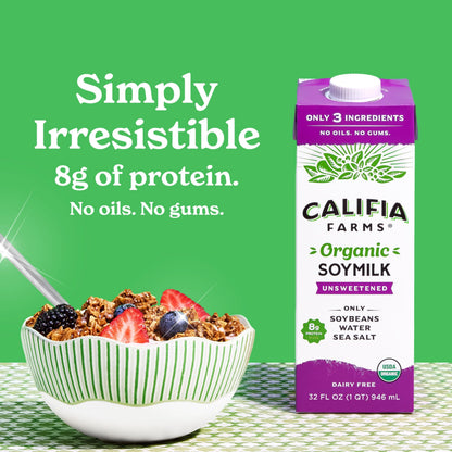 Califia Farms - Organic Soy Milk, 32 oz (6 pack), Dairy Free, Vegan, Plant Based, Vegan, Gluten Free, Non GMO, USDA Organic