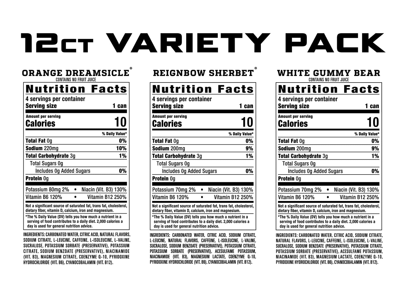 REIGN Total Body Fuel Variety Pack, Orange Dreamsicle, Reignbow Sherbet, White Gummy Bear, Fitness & Performance Drink, 16 Fl Oz (Pack of 12)