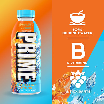 PRIME Hydration FROSTBITE FUSION, Sports Drinks with Coconut Water, Electrolyte Enhanced to Replenish Fluids, Zero Added Sugar, B Vitamins, Antioxidants, Made with Natural Flavors, 16.9 Fl Oz 12 Pack
