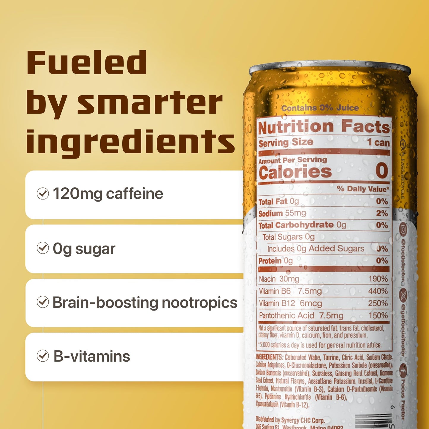 Focus Factor Energy Drink - 12 x 355ml Cans (Pineapple Paradise Flavor) - with Focus + Energy - Lightly Carbonated, Sugar Free, Low Calorie with Vitamin B6 & Vitamin B12