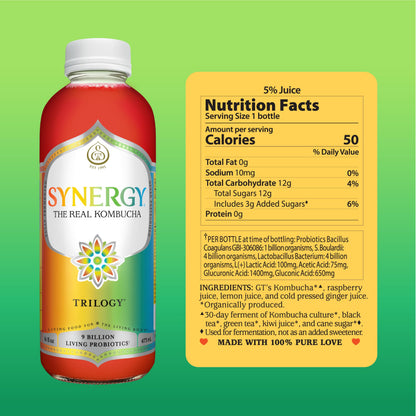 SYNERGY The Real Kombucha Trilogy Kombucha - 16 fl oz Bottle - Raw Probiotic Drink for Gut Health and Immune Support