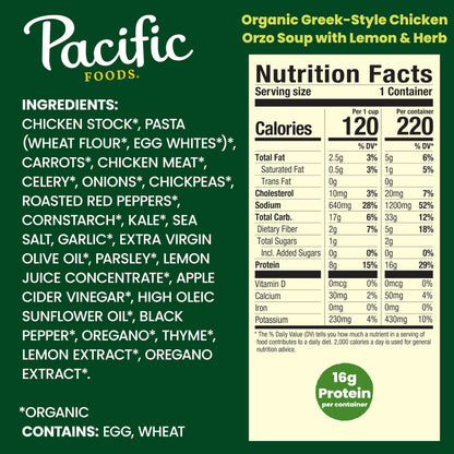 Pacific Foods Organic Greek-Style Chicken Orzo Soup With Lemon and Herb, 16.1 oz Can