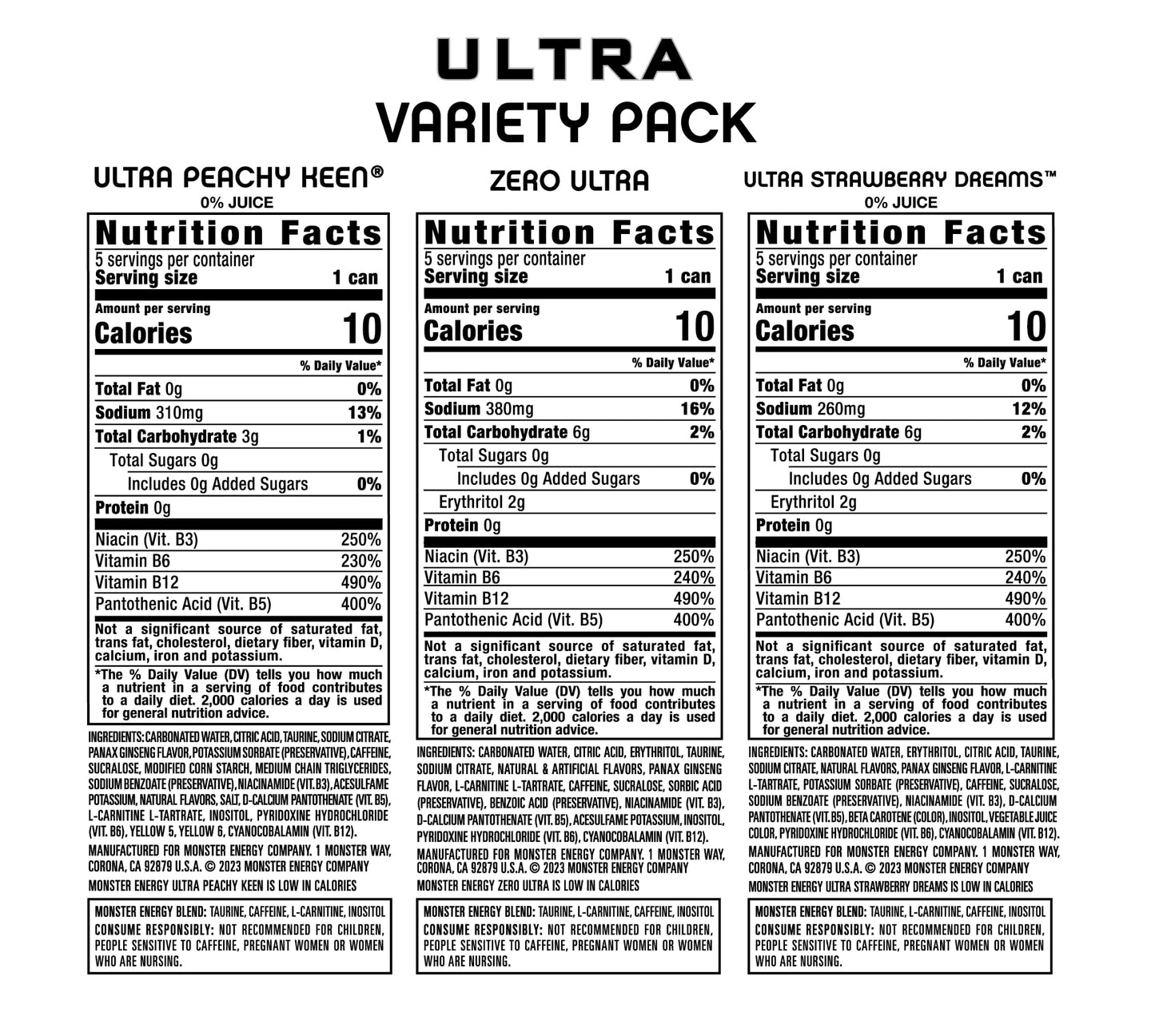Monster Energy Ultra Variety Pack, PKZSD, Sugar Free Energy Drink, 16 Ounce | Pack of 15