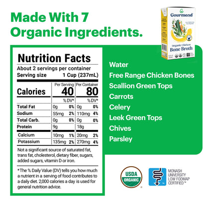 Organic Unsalted 16.9oz Chicken Bone Broth (3 Pack) – 7 Ingredients, Low FODMAP Certified, Filler Free, Gluten Free, Onion & Garlic Bulb Free